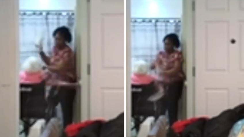 Split image of caregiver hitting woman with diaper
