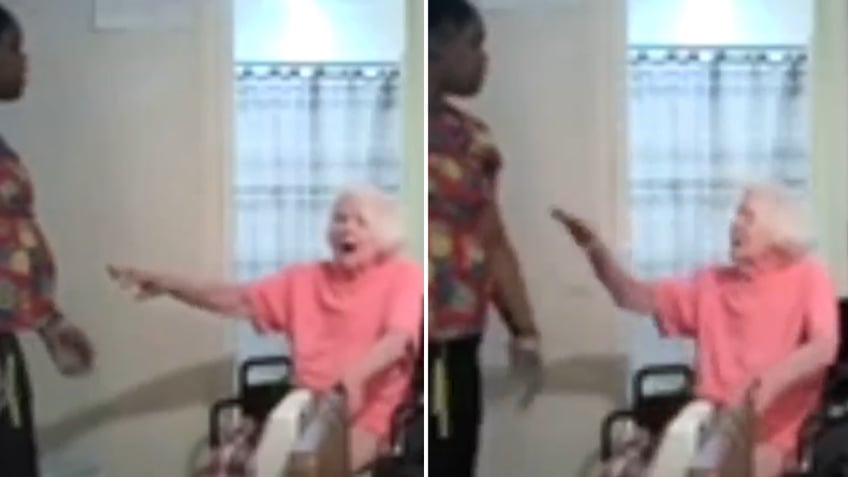 Split image of elderly woman fighting back