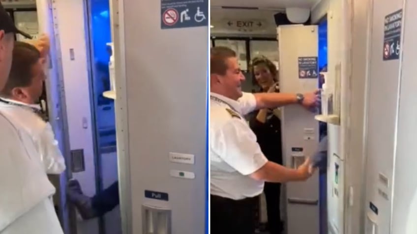 Split image of pilot opening door and shaking Brent's hand