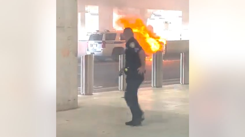 video shows police vehicle in flames at laguardia airport in new york city