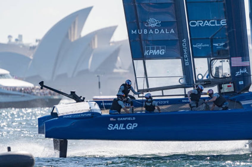 United States SailGP team and Driver Taylor Canfield compete during day two of racing in 2024 SailGP on Sydney Harbour on February 25, 2024 in...