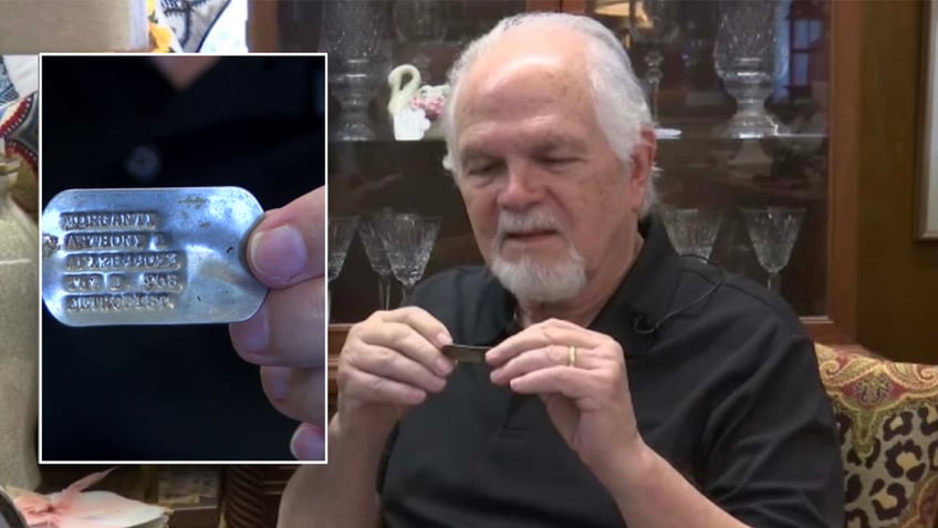 Split image of dog tag close-up and Larry Morganti holding dog tag