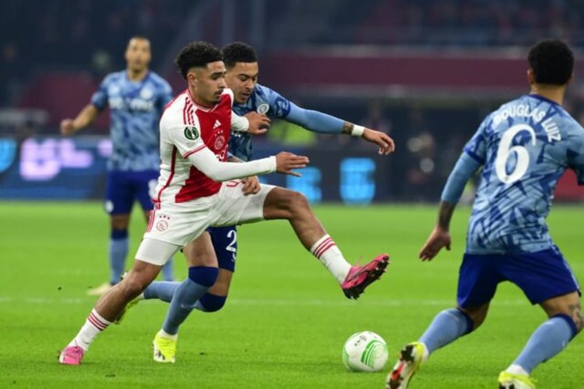 Tristan Gooijer (L) and Morgan Rogers battle for possession in Ajax and Aston Villa's 0-0