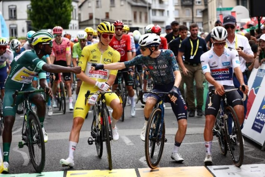 Biniam Girmay, Tadej Pogacar, Jonas Vingegaard and Remco Evenepoel at Aurillac on Thursday