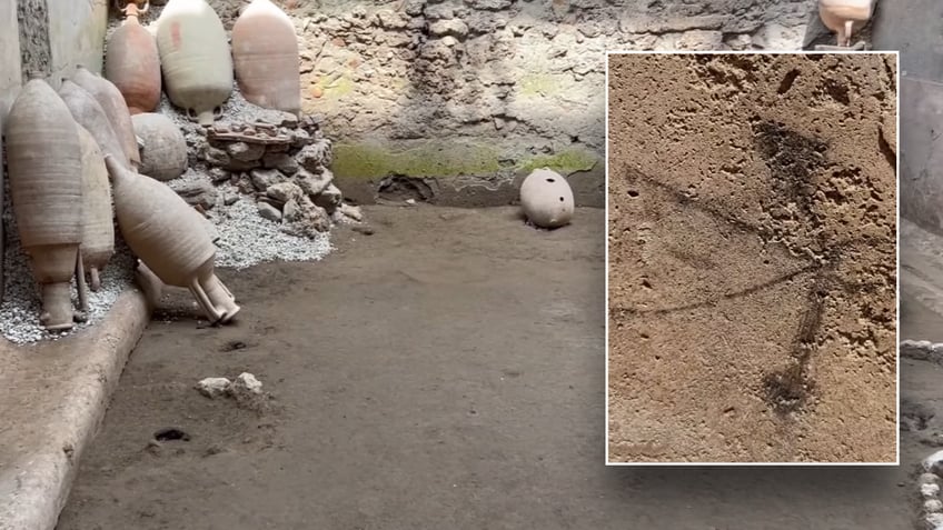 Split image of gladiator doodle and courtyard wall