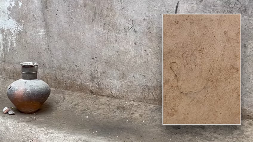 Split image of hand doodle and courtyard wall