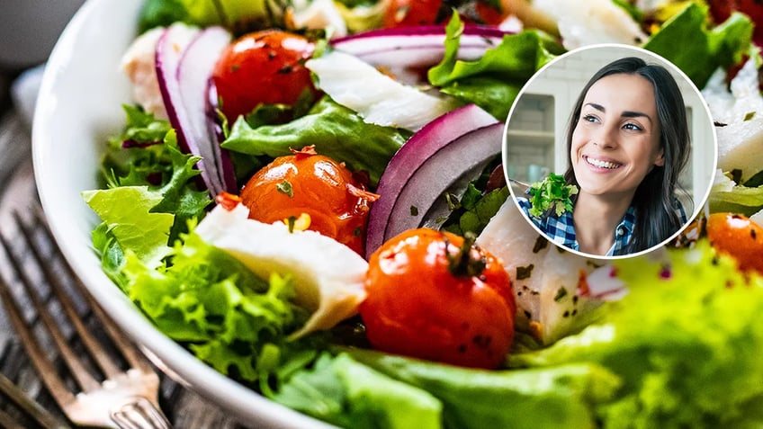 Salad and woman eating salad