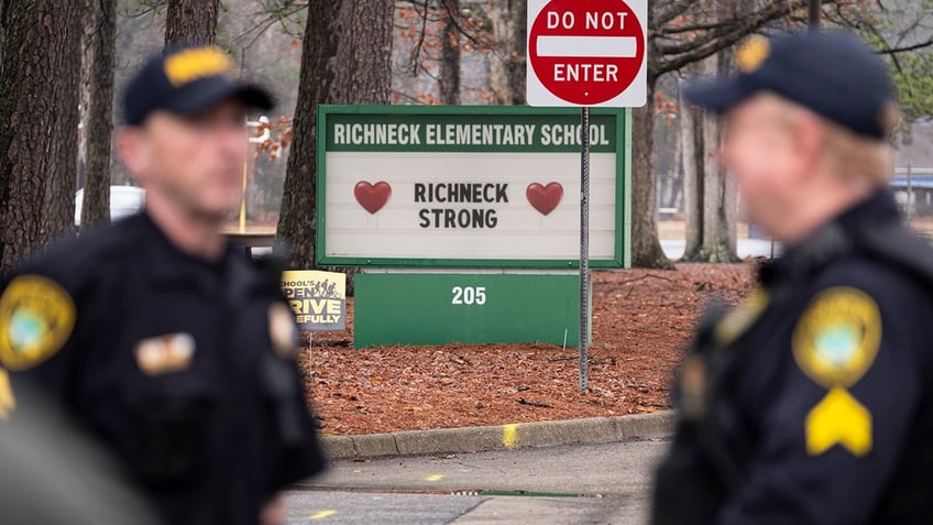 Richneck Strong sign outside elementary school where teacher was shot