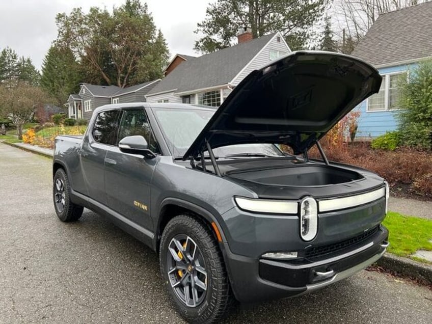 Rivian Truck with its hood up