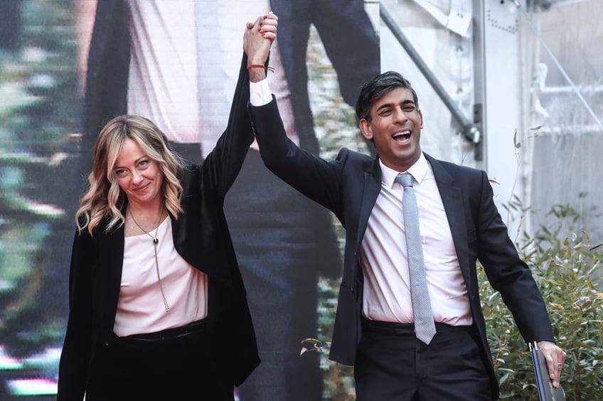 ROME, ITALY - DECEMBER 16: Italy's Prime Minister giorgia Meloni and his British counterpart Rishi Sunak attend Atreju 2023, conservative politcal festival, on December 16, 2023 in Rome, Italy. Italian Prime Minister Giorgia Meloni's right-wing political party organised a four-day political festival in the Italian capital. (Photo by Alessandra Benedetti - Corbis/Corbis via Getty Images)