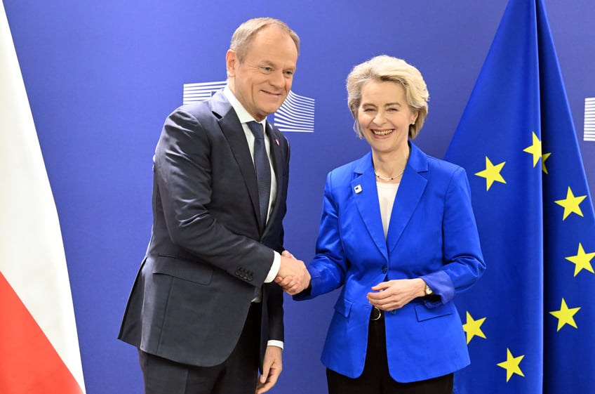 BRUSSELS, BELGIUM - DECEMBER 15: EU Commission President Ursula von der Leyen (R) meets with Polish Prime Minister Donald Tusk (L) in Brussels, Belgium on December 15, 2023. (Photo by Dursun Aydemir/Anadolu via Getty Images)