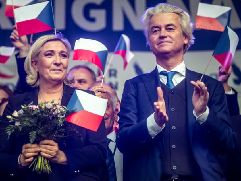 PRAGUE, CZECH REPUBLIC - APRIL 25: Leader of French National Rally party (RN) Marine Le Pen (L), and leader of Dutch Party for Freedom (PVV) Geert Wilders (R) during a meeting of populist far-right party leaders in Wenceslas Square on April 25, 2019 in Prague, Czech Republic. The Czech Freedom …