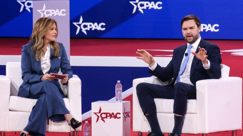 OXON HILL, MARYLAND - FEBRUARY 20: U.S. Vice President JD Vance speaks during an interview with political commentator Mercedes Schlapp at the Conservative Political Action Conference (CPAC) at the Gaylord National Resort Hotel And Convention Center on February 20, 2025 in Oxon Hill, Maryland. The annual four-day gathering brings together conservative U.S. lawmakers, international leaders, media personalities and businessmen to discuss and champion conservative ideas. (Photo by Alex Wong/Getty Images)