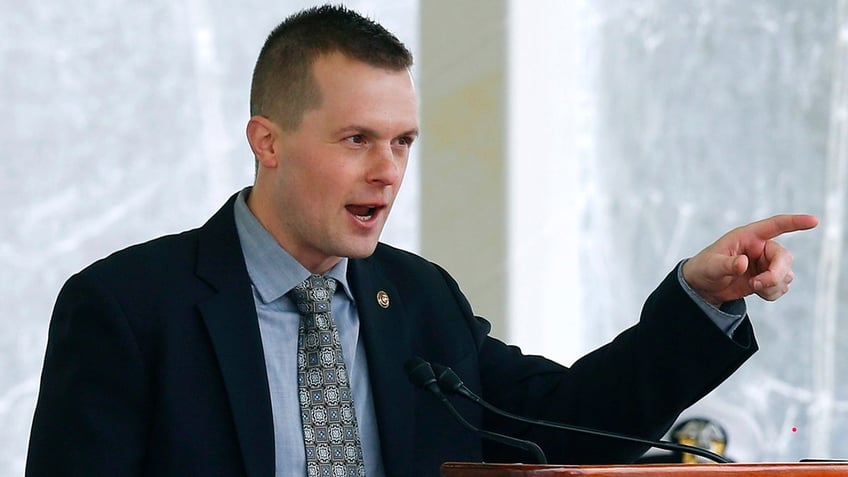 Maine Democrat Rep. Jared Golden pointing in file photo