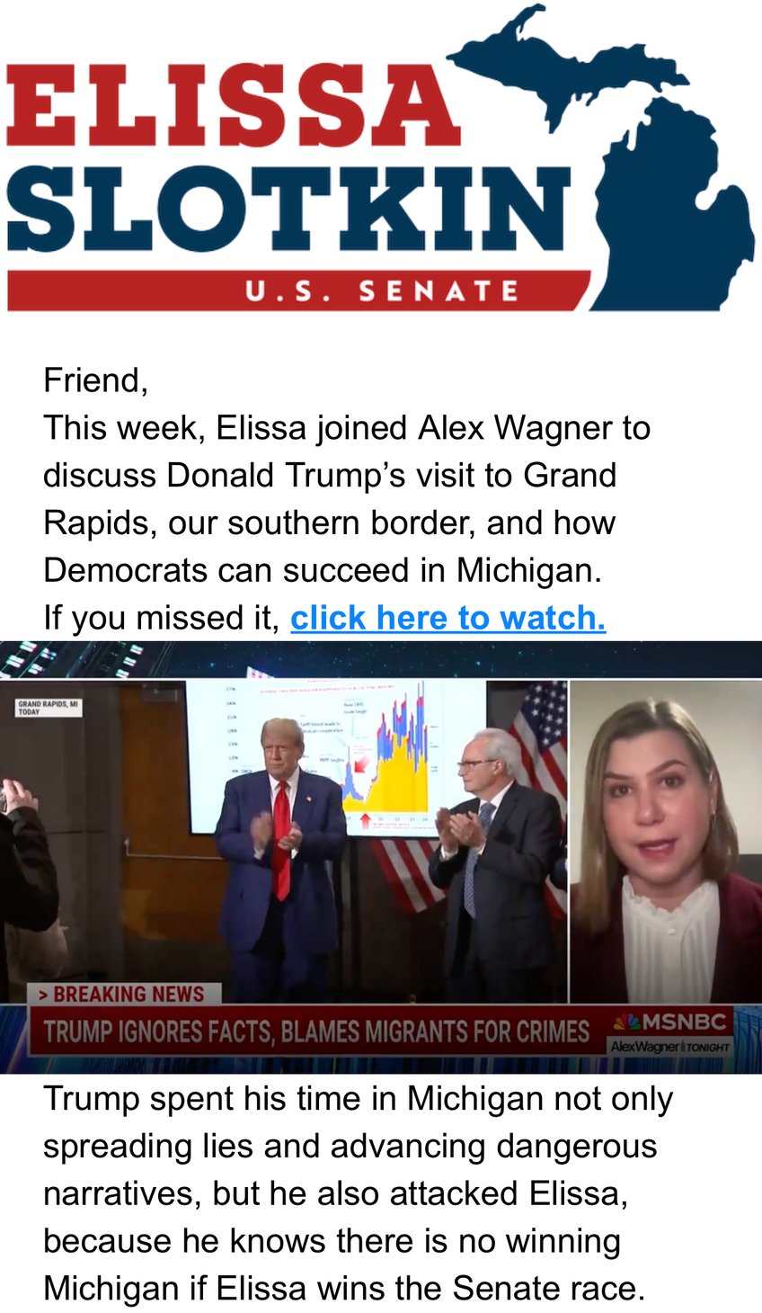 vulnerable michigan democrat elissa slotkins campaign attacks trumps michigan visit to bag donations in fundraising email