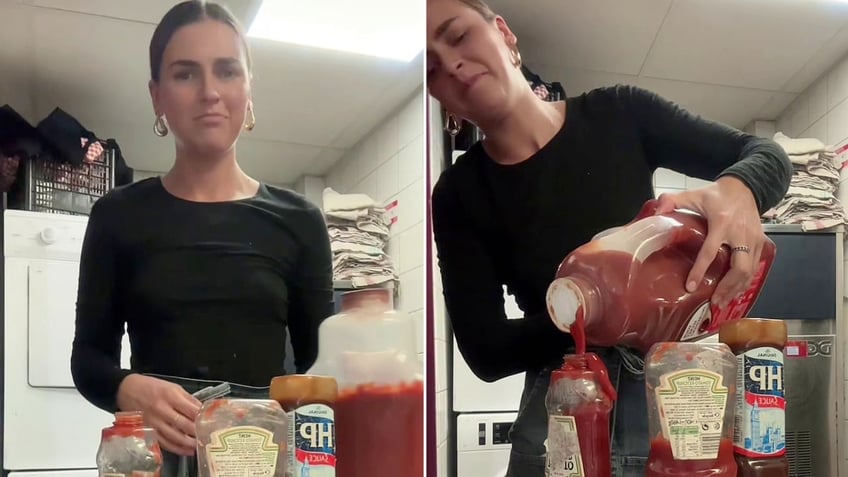 Woman pouring ketchup into a bottle and making a face.