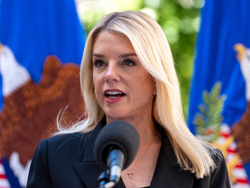Attorney General Pam Bondi speaks during a news conference at the Department of Justice, W