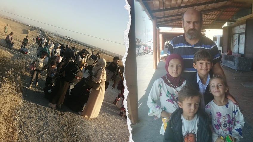 Ahmed Yahia Dabbas and his four children during their journey from Lebanon to northwest Syria.