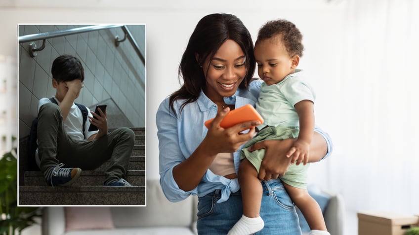 Split image of sad child and mom holding baby