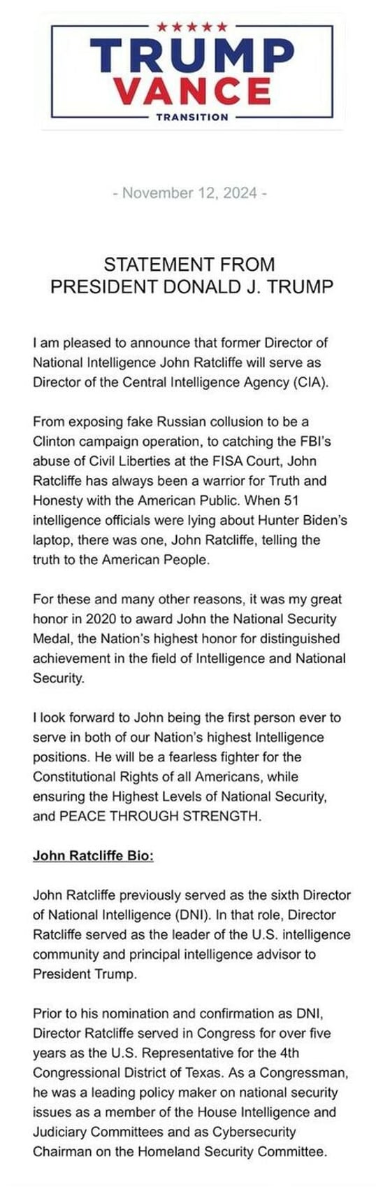 warrior for truth honesty trump names john ratcliffe as cia director