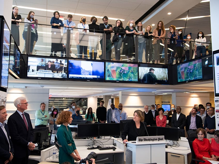 WASHINGTON, DC- MAY 09: The Washington Post via Getty Images Executive Editor, Sally Buzbee speaks after the paper was awarded the 2022 Pulitzer Prize for Public Service as employees of The Washington Post via Getty Images gather in the newsroom to watch the presentations on Monday May 09, 2022 in Washington, DC. (Photo by Matt McClain/The Washington Post via Getty Images)