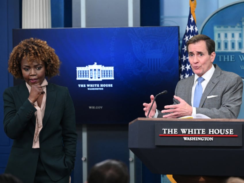 US National Security Council Coordinator for Strategic Communications John Kirby, with White House Press Secretary Karine Jean-Pierre, speaks during the daily briefing in the Brady Briefing Room of the White House in Washington, DC, on December 21, 2023. (Photo by MANDEL NGAN / AFP) (Photo by MANDEL NGAN/AFP via Getty Images)