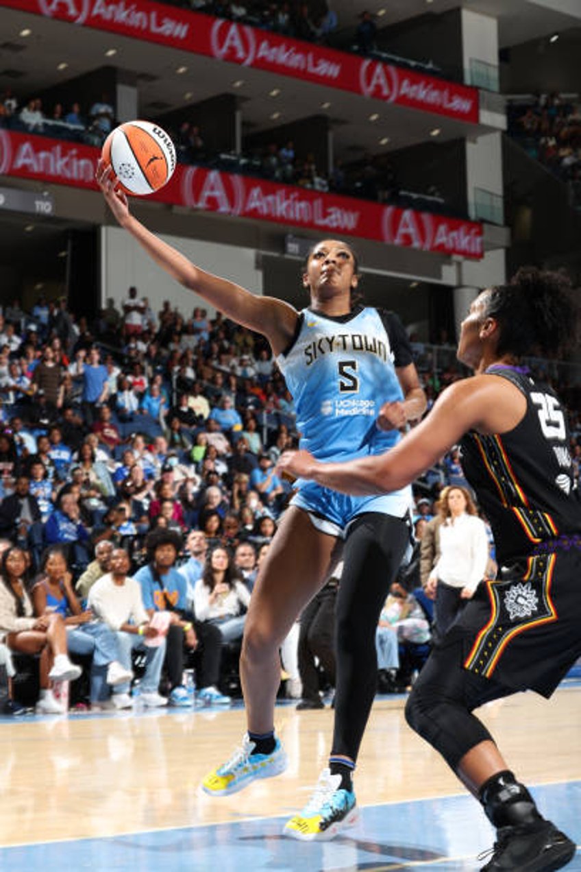 Angel Reese of the Chicago Sky drives to the basket during the game against the Connecticut Sun on May 25, 2024 at the Wintrust Arena in Chicago, IL....