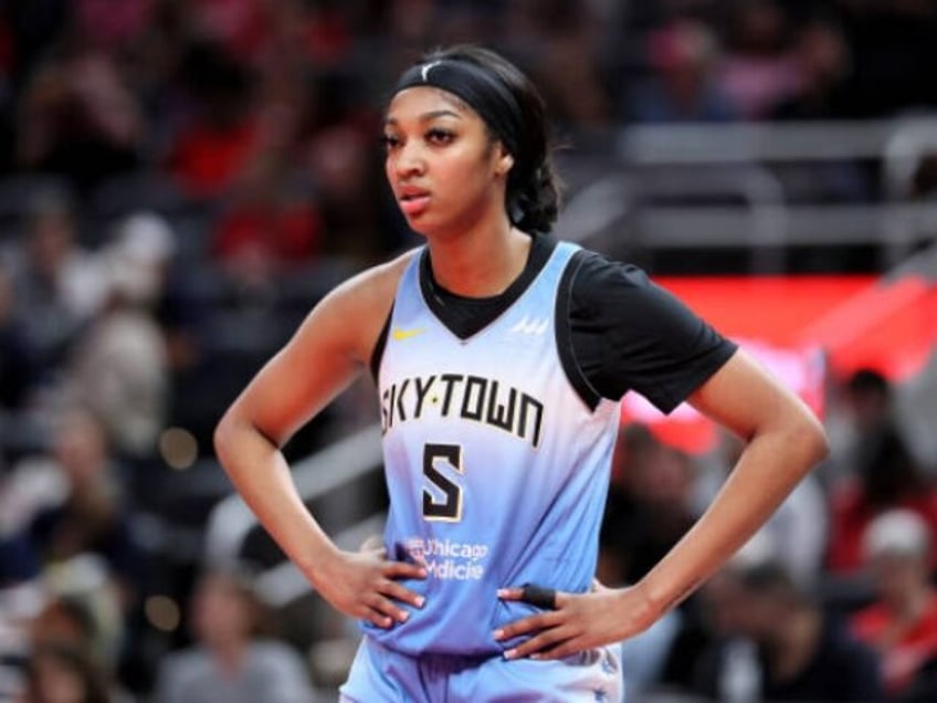 INDIANAPOLIS, INDIANA - JUNE 01: Angel Reese #5 of the Chicago Sky looks on against the In