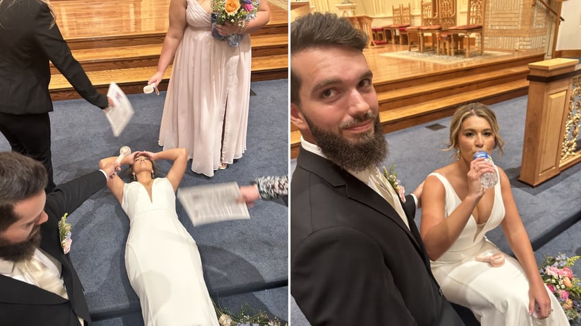 Split image of wife passed out and wife drinking water