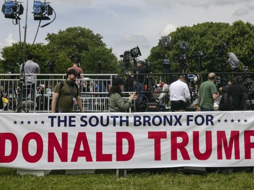 A banner in support of Republican presidential candidate former President Donald Trump is