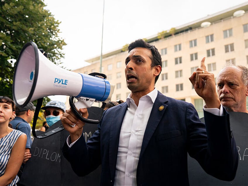 Representative Suhas Subramanyam, a Democrat from Virginia, speaks during a rally for US S