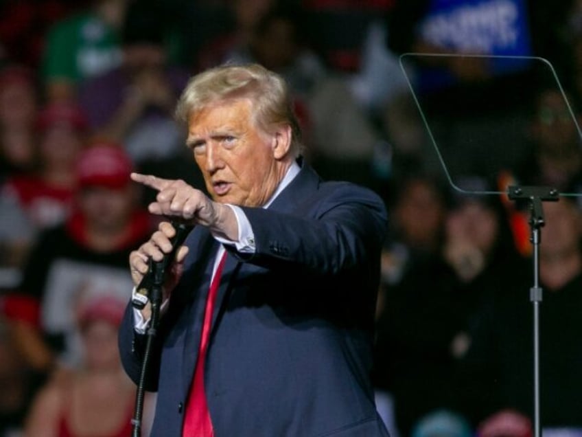 Former US President Donald Trump during a campaign event at the Fiserv Forum in Milwaukee,