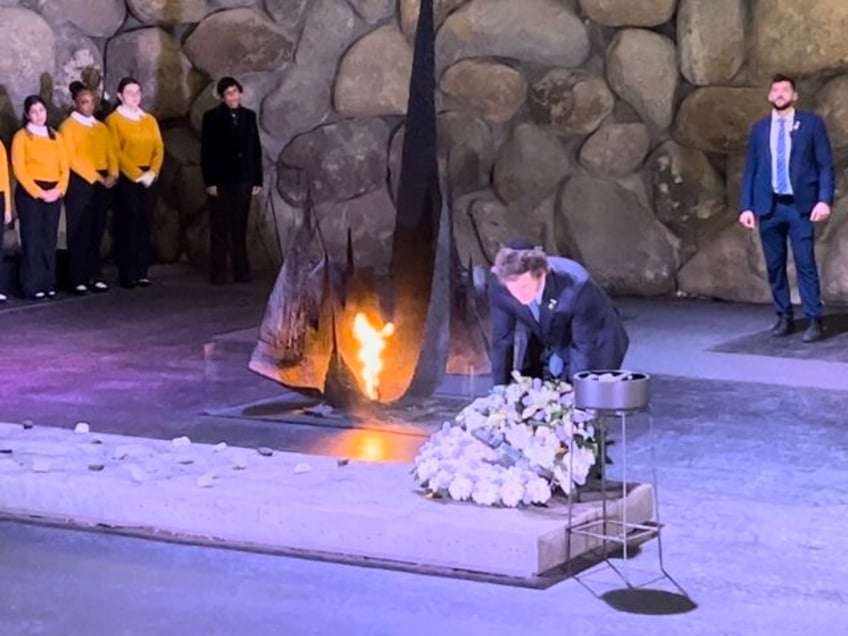 Argentinian President Javier Milei lays a wreath at the Hall of Remembrance at Yad Vashem, Jerusalem, Israel, February 7, 2024. (Joel Pollak / Breitbart News)