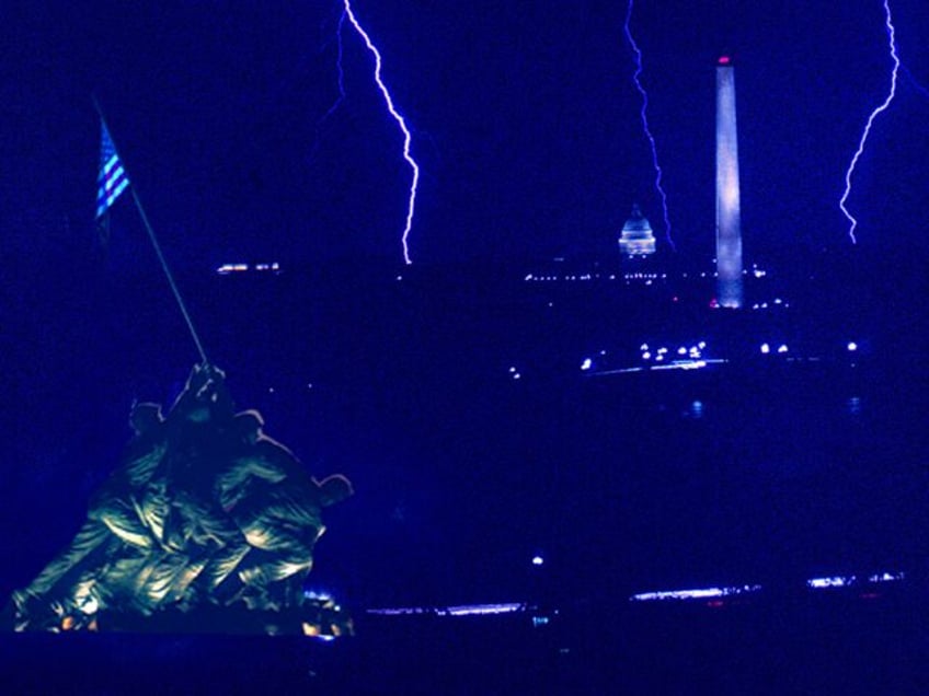 Night time view of lightning strikes, Washington DC, 1960s. Visible are the United States