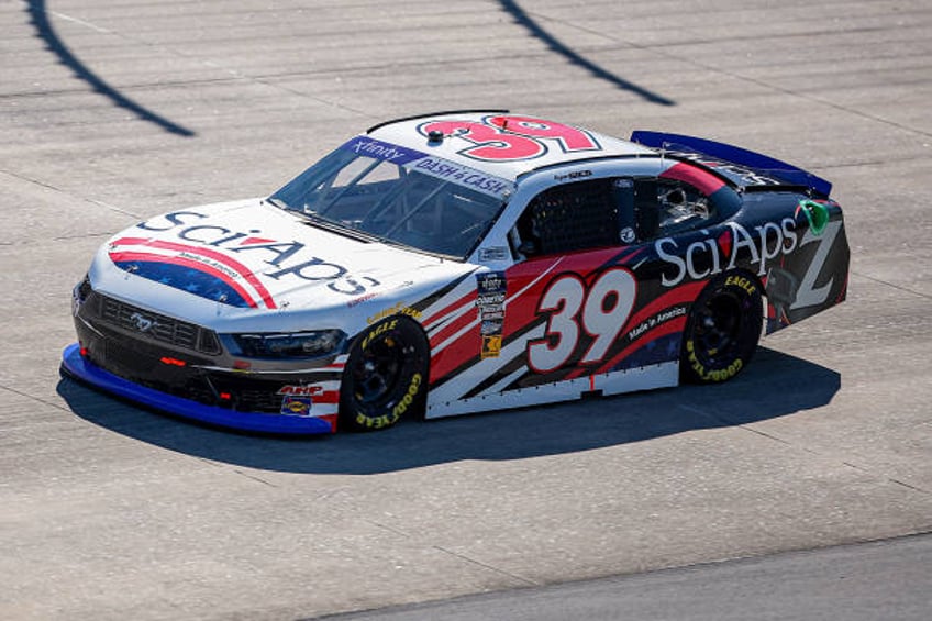 Ryan Sieg, driver of the Sci Aps Ford, drives during practice for the NASCAR Xfinity Series BetRivers 200 at Dover International Speedway on April...