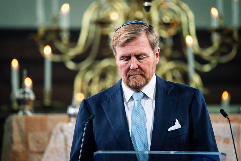 Dutch King Willem-Alexander reacts as he addresses a speech during an opening ceremony for the National Holocaust Museum, at the Portuguese Synagogue in Amsterdam, on March 10, 2024. Eighty years after World War II, the Netherlands is poised to open its first Holocaust museum, as before the war and the Nazi occupation, the Netherlands was home to a vibrant Jewish community of around 140,000 people, mainly concentrated in Amsterdam and by the time the Holocaust was over, an estimated 75 percent -- 102,000 people -- had been murdered. (Photo by Bart Maat / ANP / AFP) / Netherlands OUT (Photo by BART MAAT/ANP/AFP via Getty Images)