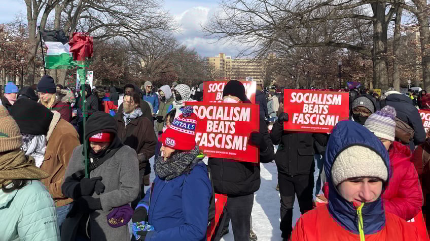 Protesters gather at the We Fight Back protest on the day of Donald Trumps inauguration  in Meridian Hill Park in Washington DC, January 20th, 2025
