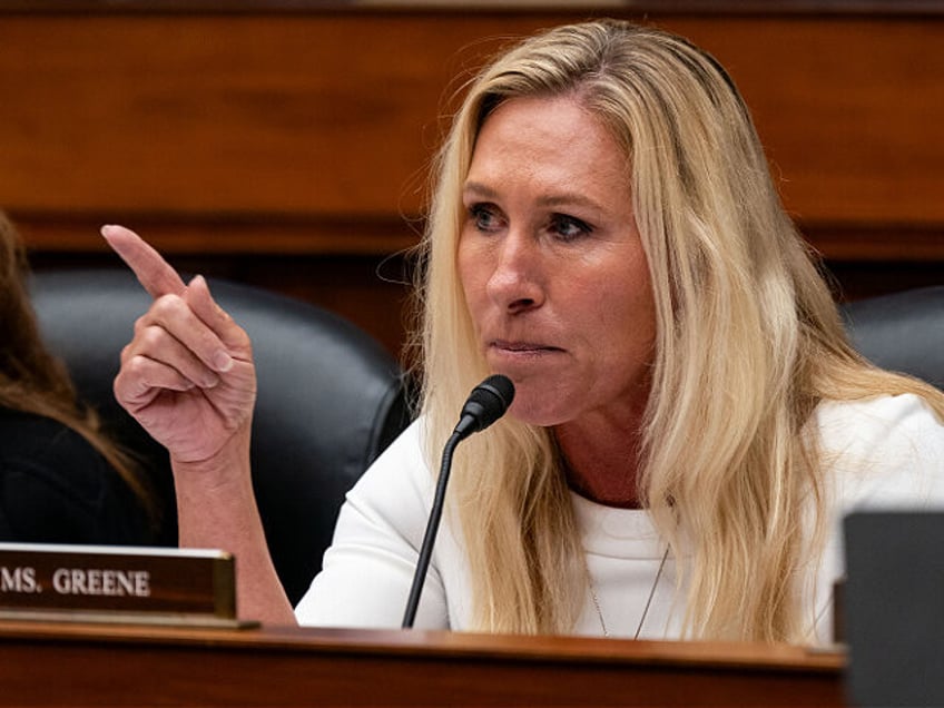 WASHINGTON, DC - JULY 22: Rep. Marjorie Taylor Greene (R-GA) gestures while speaking as Un