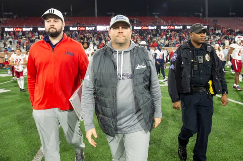 Head coach Kane Wommack of the South Alabama Jaguars walks on to the field after defeating the Eastern Michigan Eagles in the 68 Ventures Bowl at...