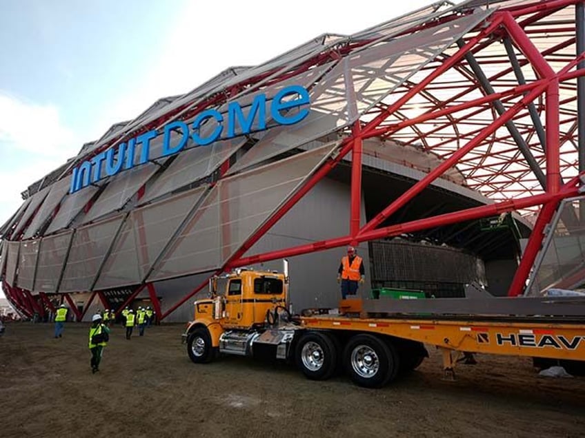 The Intuit Dome's exterior is seen under construction in Inglewood, Calif. on Tuesday