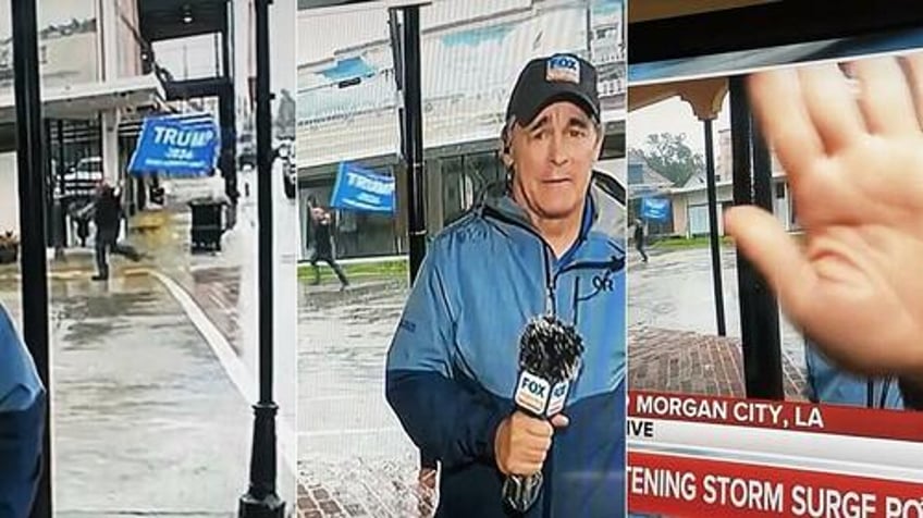 watch trump supporter runs through hurricane with flag triggers weatherman