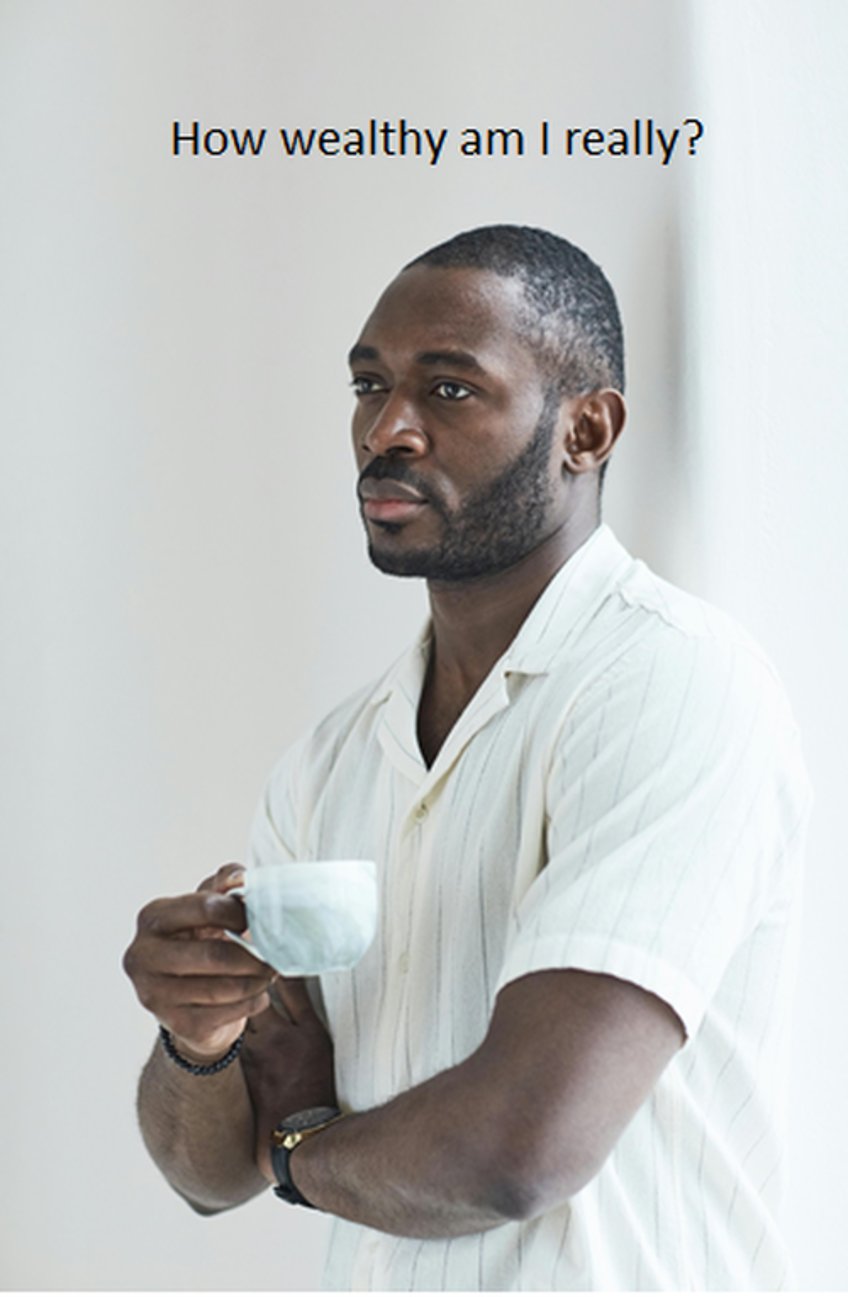 Man with tea cup asking "How wealthy am I really"