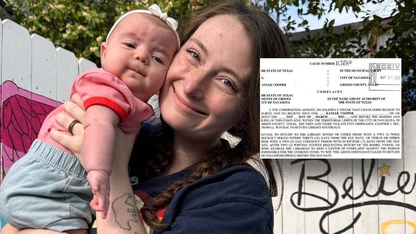 Split image of Kaylee holding her baby and court document