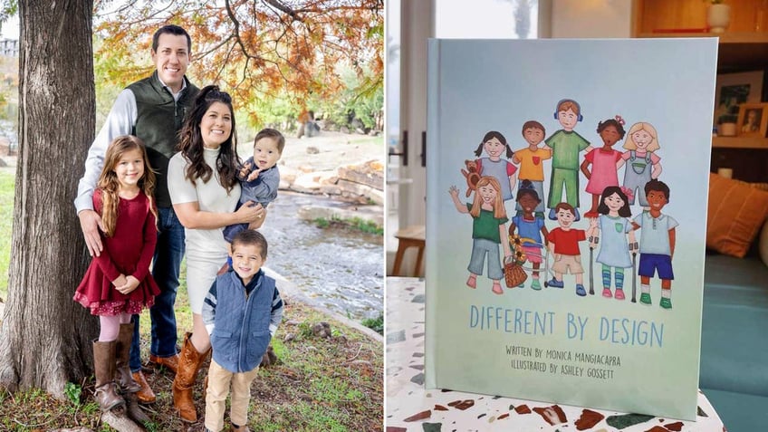Family of three kids and two parents split with cover of book
