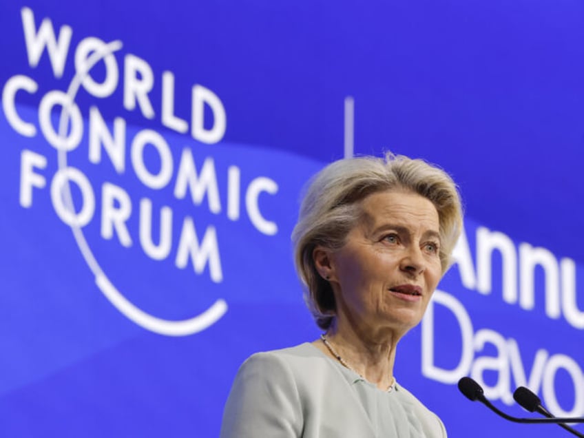 Ursula von der Leyen, president of the European Commission, delivers a special address on the opening day of the World Economic Forum (WEF) in Davos, Switzerland, on Tuesday, Jan. 16, 2024. The annual Davos gathering of political leaders, top executives and celebrities runs from January 15 to 19. Photographer: Stefan …