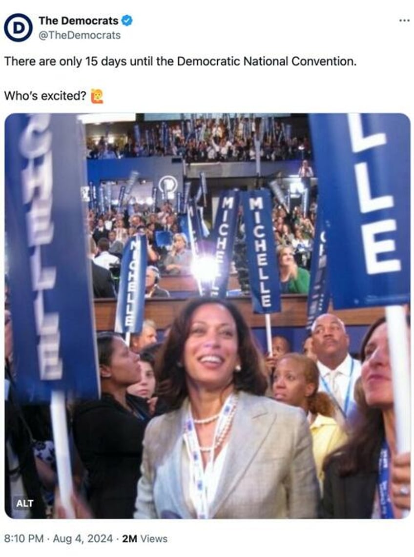 weird dems use 16 year old photo of kamala surrounded by michelle signs to promote dnc