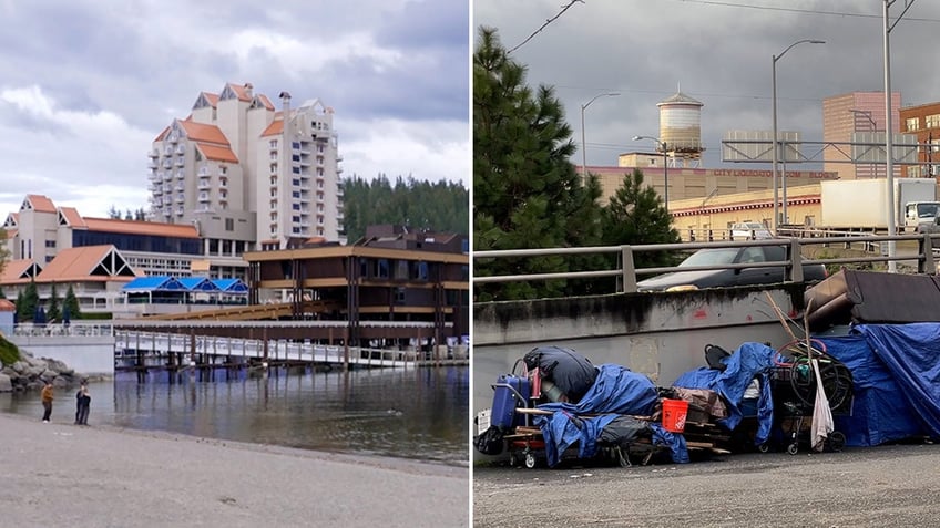 Coeur d'Alene beach split with image of tarps in Portland, Oregon