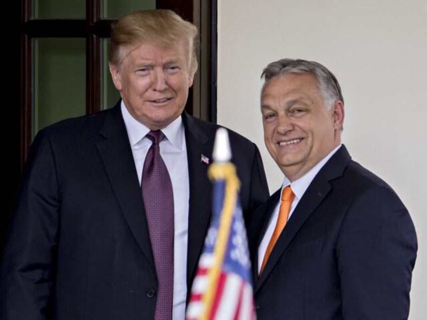 U.S. President Donald Trump, left, and Viktor Orban, Hungary's prime minister, stand for p