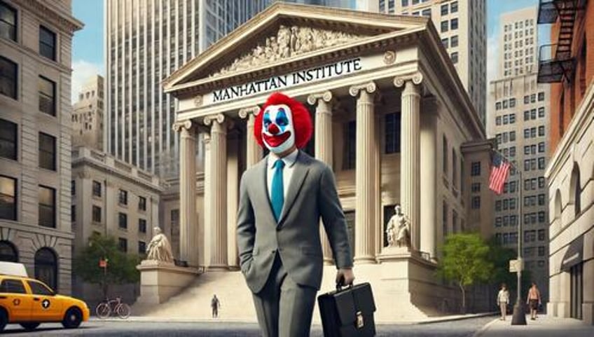 A clown walking away from a building labeled "The Manhattan Institute"