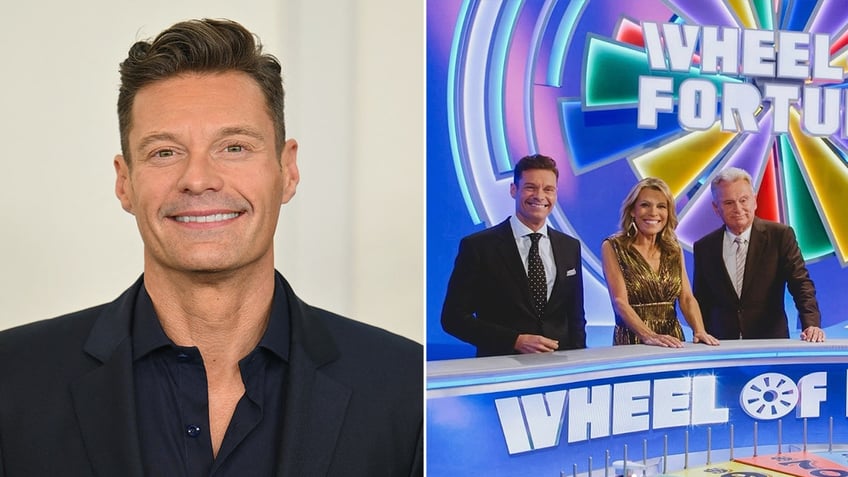 Ryan Seacrest and Ryan Seacrest with Vanna White and Pat Sajak on the Wheel of Fortune set split